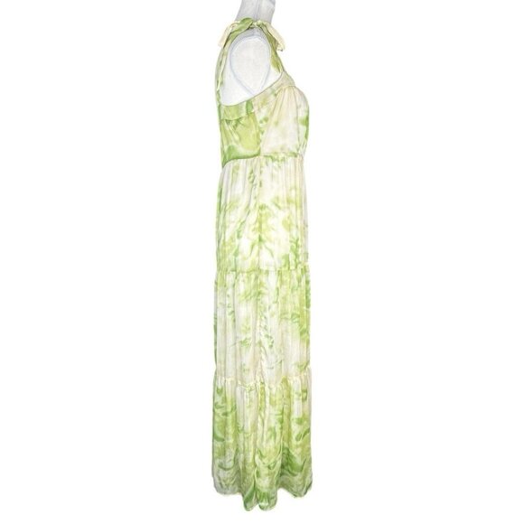 Line & Dot Women's Green Chiffon Tiered Square Neck Luxury Palm Maxi Dress S/C37 - Picture 2 of 14